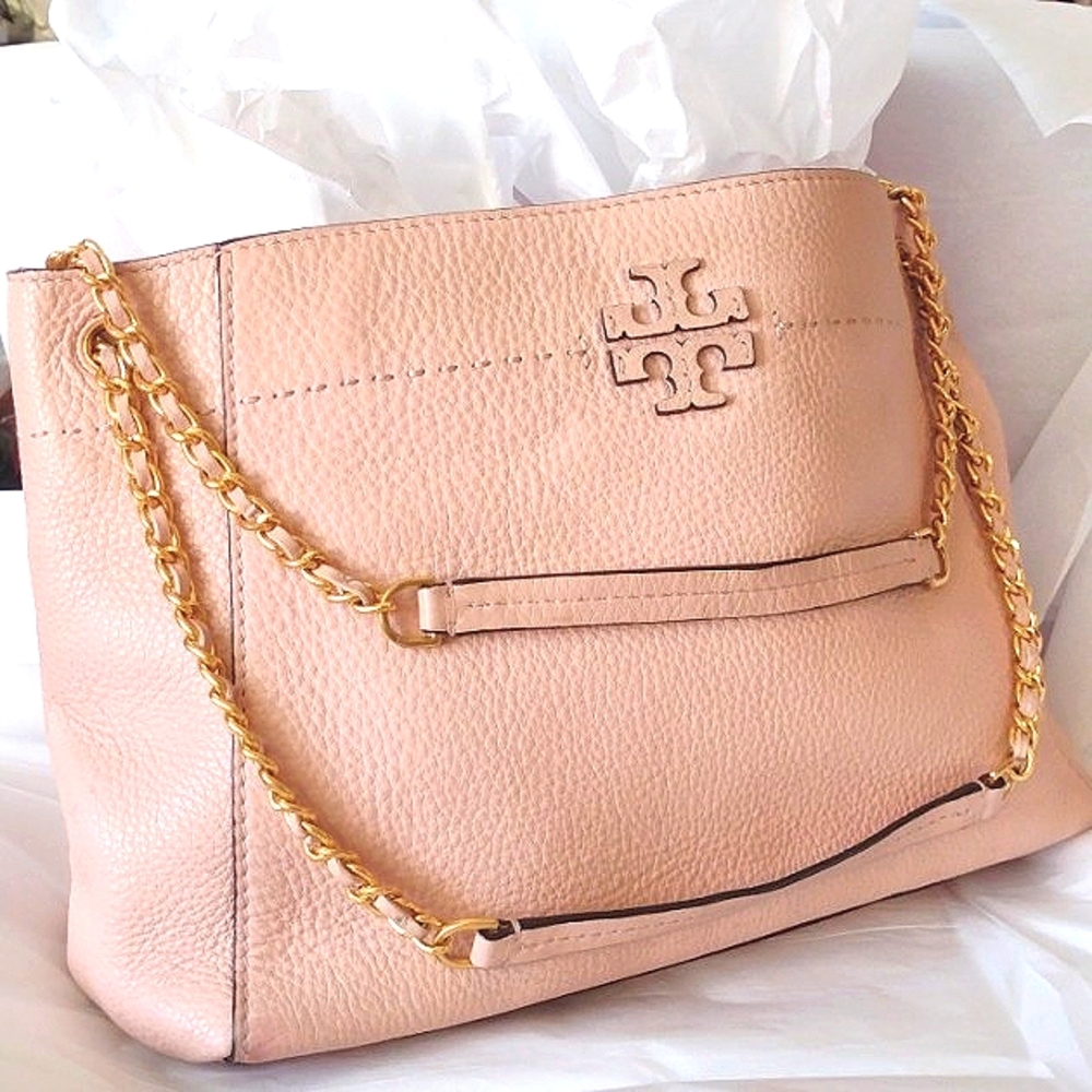 Tory Burch Vintage Salmon 🛍️ Gold 🪙 HW Braids Pebbled Leather Tote - Picture 3 of 16